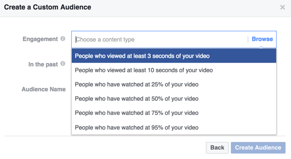 Selecione os critérios de engajamento para seu público de vídeo personalizado do Facebook.