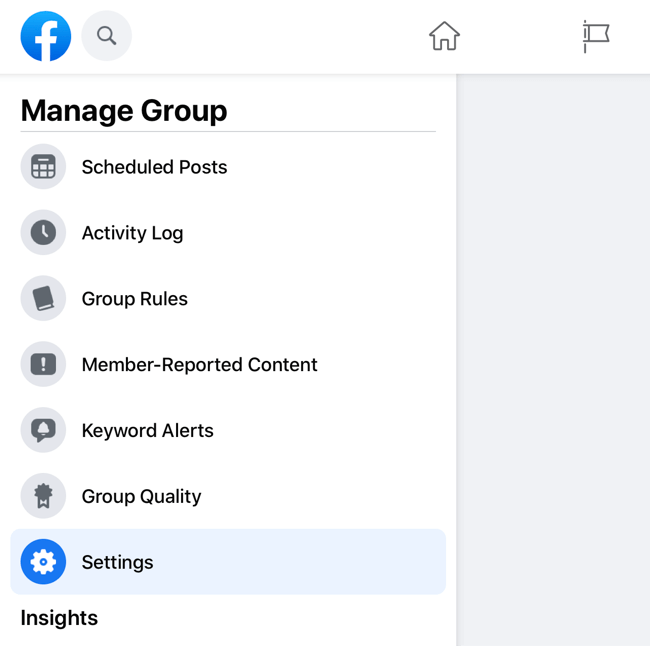 captura de tela do menu do grupo de gerenciamento do Facebook com a opção de configurações destacada