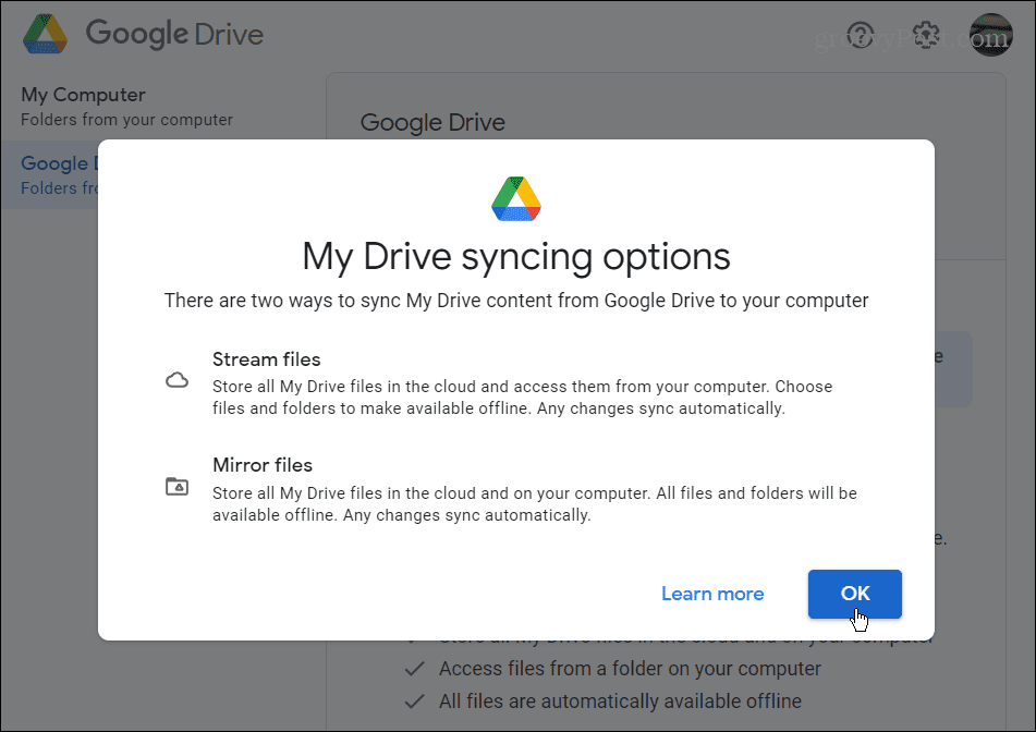 Configurações de sincronização do Google Drive