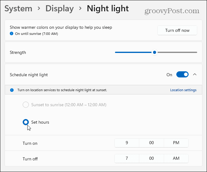 luz noturna do windows 11 configurações