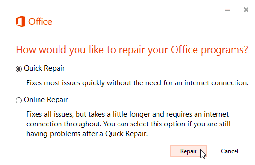 Reparo Online do Office 365