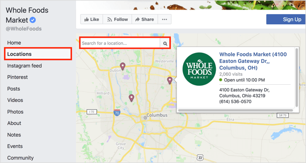 Clicar na guia Locais em uma página do Facebook revela locais individuais em um mapa. 