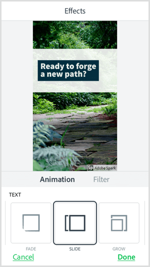 Selecione uma opção de animação de texto com o aplicativo móvel Adobe Spark Post.