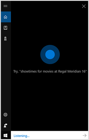 Cortana, a interface de conversação do Windows, é uma caixa vertical preta com um ponto azul no centro. Um campo branco na parte inferior indica que um dispositivo Windows está escutando.