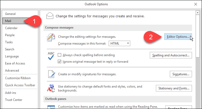 Clique em Correio e depois em Opções do editor no Outlook
