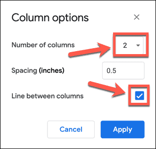 Escolhendo opções de coluna no Google Docs