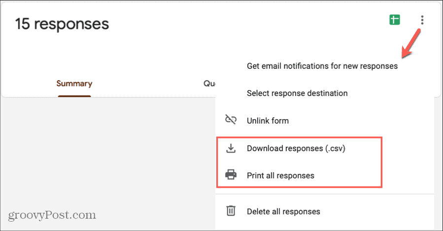 Download da impressão das respostas do Formulários Google
