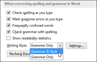 word 2013 configurar gramática e estilo suspenso