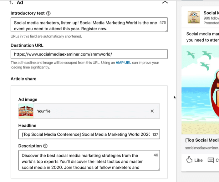 captura de tela do texto introdutório, URL de destino, título e campos de descrição para anúncio do LinkedIn