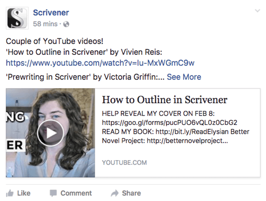 Scrivener compartilha um vídeo do YouTube que os usuários podem gostar em sua página do Facebook.