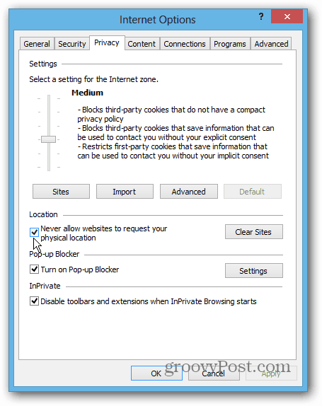 Privacidade do IE 10 Win8 Desktop