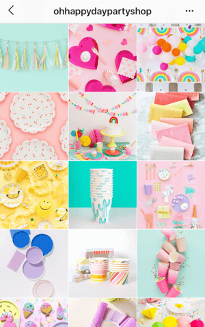 Como melhorar suas fotos do Instagram, amostra do tema do feed do Instagram da Oh Happy Day Party Shop mostrando uma paleta de cores brilhantes