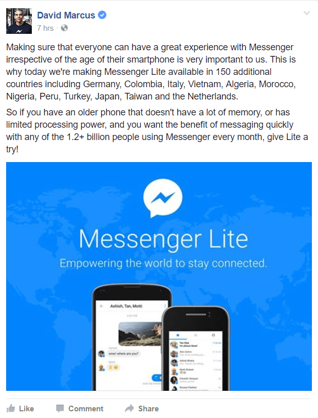 O Facebook Messenger Lite agora está disponível em mais países ao redor do mundo.