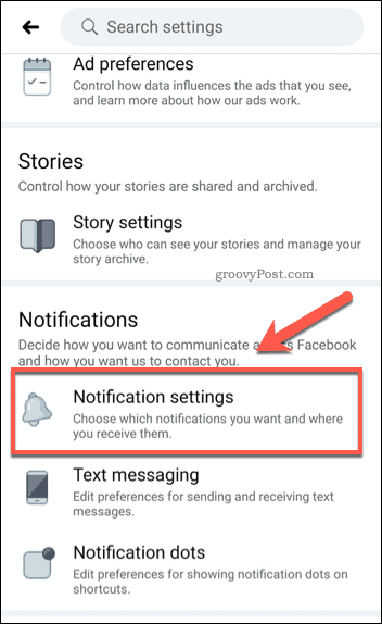 Opção de configurações de notificação móvel do Facebook