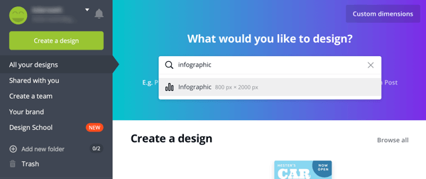 Opção de criar um design ou editar um template no Canva.