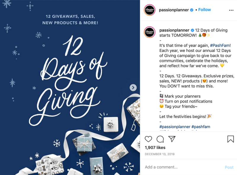 exemplo de um concurso de sorteio do instagram pelos 12 dias de doação de @passionplanner anunciando que o sorteio começa no dia seguinte