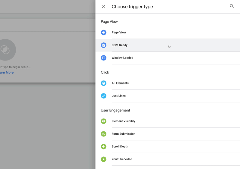 nova tag do gerenciador de tags do google com opções de menu para escolher um tipo de acionador, incluindo visualização de página, pronto para dom, todos os elementos, envio de formulário e profundidade de rolagem, entre outros