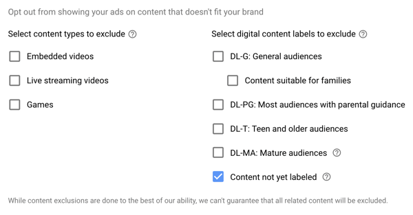 Como configurar uma campanha de anúncios do YouTube, etapa 15, definir tipos excluídos e opções de rótulo