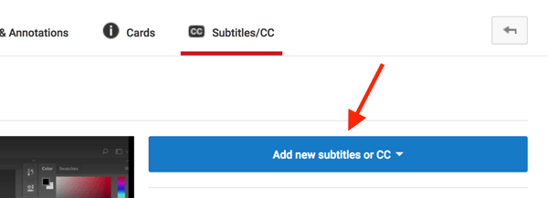 Abra seu vídeo do YouTube no Video Creator e clique em Adicionar novas legendas ou CC.