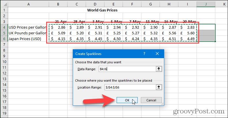 Caixa de diálogo Criar Minigráficos no Excel