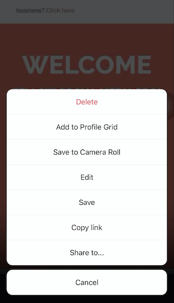 captura de tela de opções de menu de compartilhamento de rolos de instagram que oferecem a capacidade de compartilhar em seu perfil, rolo de câmera, copiar link ou compartilhar em ...