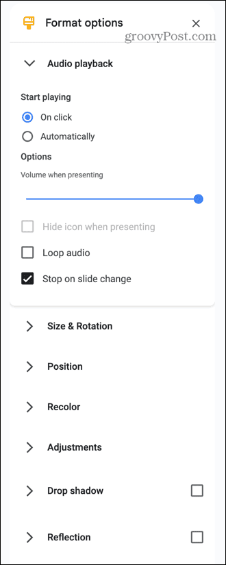 Opções de áudio do Google Slides