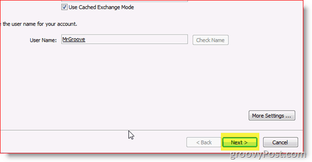Captura de tela do Outlook 2010 salvar configurações próximo botão