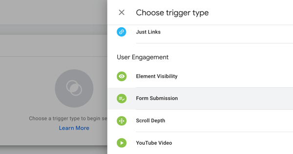 Use o Gerenciador de tags do Google com Facebook, etapa 19, opções de menu para escolher o tipo de acionador no Gerenciador de tags do Google