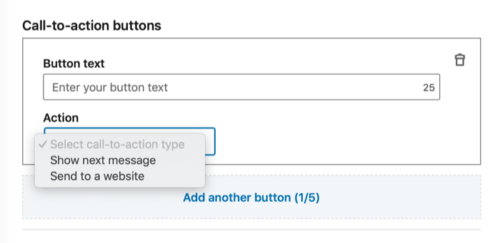 Seção de botões de frase de chamariz para configuração de anúncios de conversa do LinkedIn