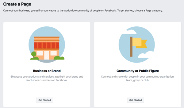 Etapa 1 para criar sua página de negócios no Facebook.