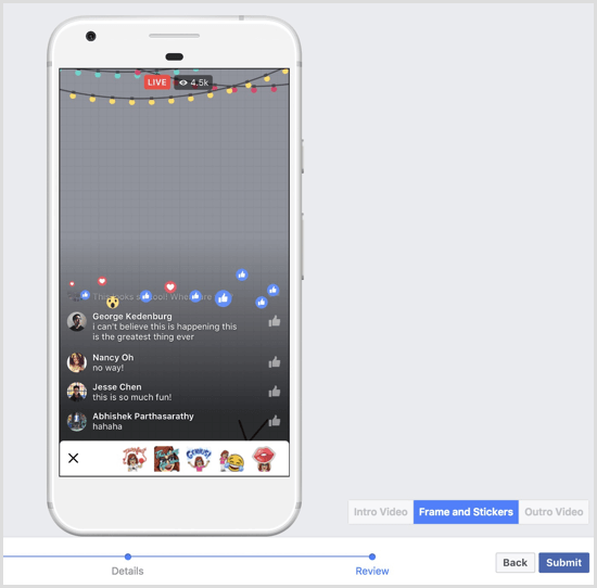 Visualização do kit criativo do Facebook Live