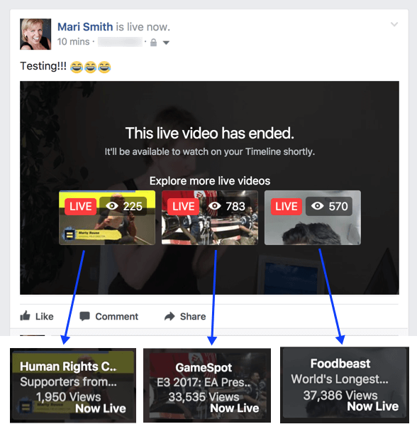 O Facebook parece estar experimentando um novo recurso que sugere vídeos ao vivo relacionados após o término de uma transmissão.
