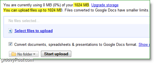 O Google Docs novo upload qualquer limite é 1024mb ou 1GB