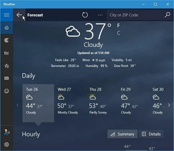 Previsão do tempo para Windows 10