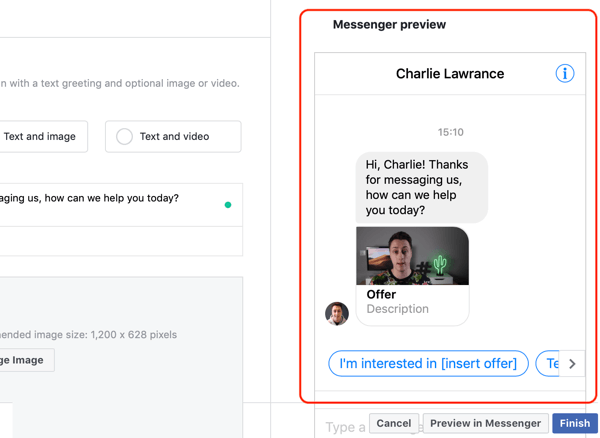 Como direcionar clientes potenciais com anúncios do Facebook Messenger, etapa 14, visualização do modelo personalizado de destino do messenger