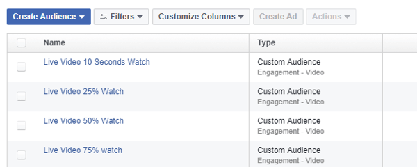 No Facebook Ads Manager, use a ferramenta Audiences para definir um público de redirecionamento com base nas visualizações dos vídeos do Facebook Live.
