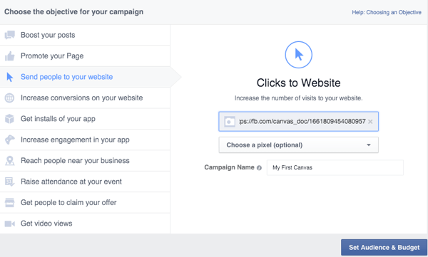 anúncio de tela do Facebook configurado no gerenciador de anúncios