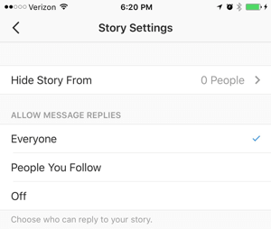 configurações de histórias do instagram