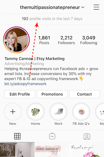 número de visitas ao perfil listadas no topo do perfil de negócios do Instagram
