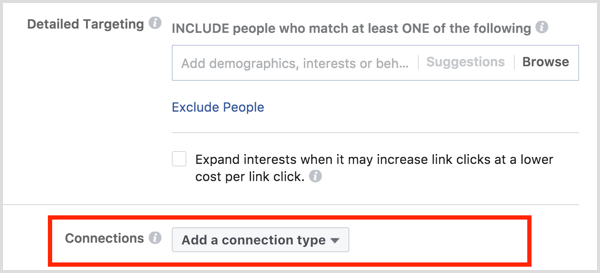 Conexões de segmentação de anúncios do Facebook
