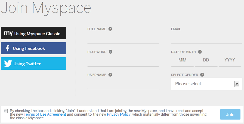 Nova configuração de perfil do MySpace