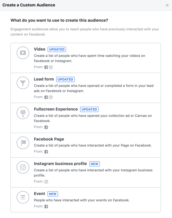 Opções do que você deseja usar para criar este público para seu público personalizado do Facebook.