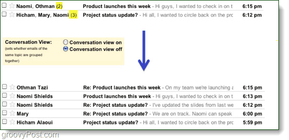 diferença de visualização da conversa no gmail