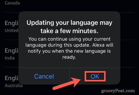 Alexa confirmar atualização de idioma