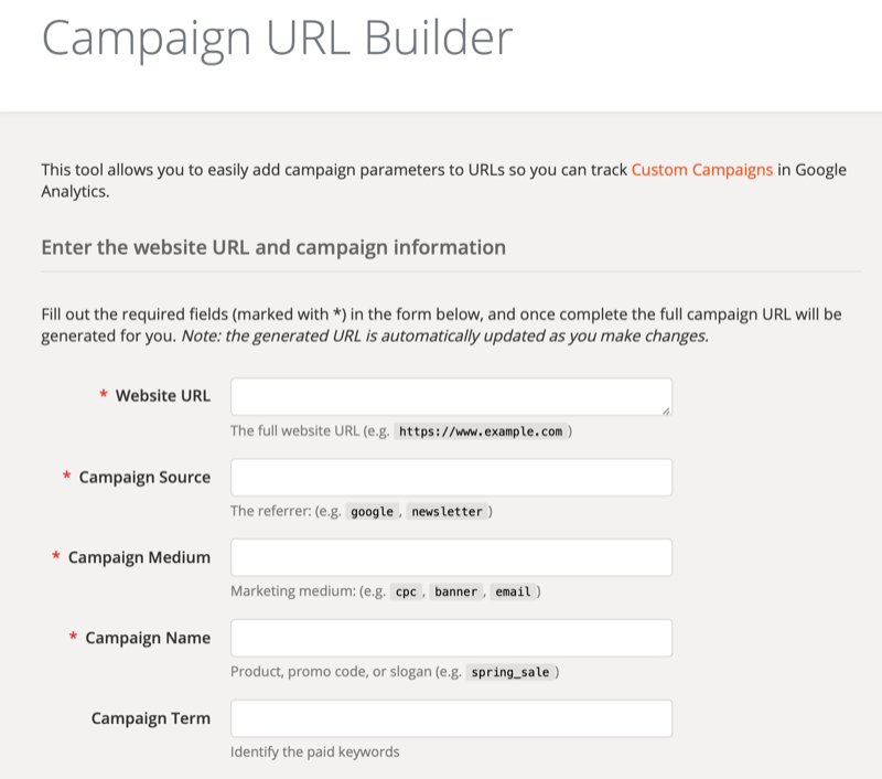 Tela de configuração da ferramenta Criador de URL de campanha do Google Analytics