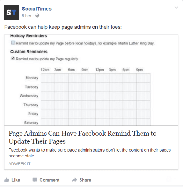 O Facebook adiciona a capacidade de definir lembretes para administradores de páginas.