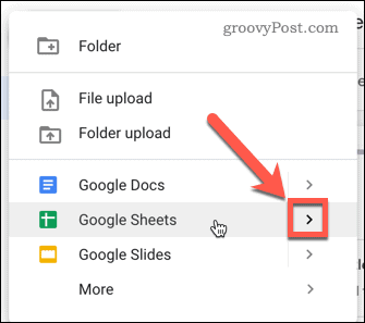 Selecione o Planilhas Google e passe o mouse sobre o símbolo de seta