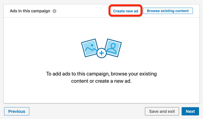 Criar nova opção de anúncio na configuração de campanha do LinkedIn