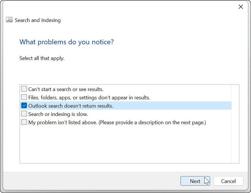 Pesquisa do Outlook do Windows 11 não está funcionando