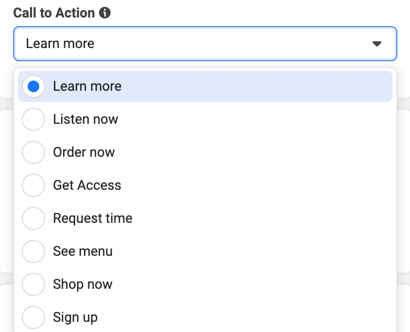 imagem das opções do botão Call to Action no Meta Ads Manager